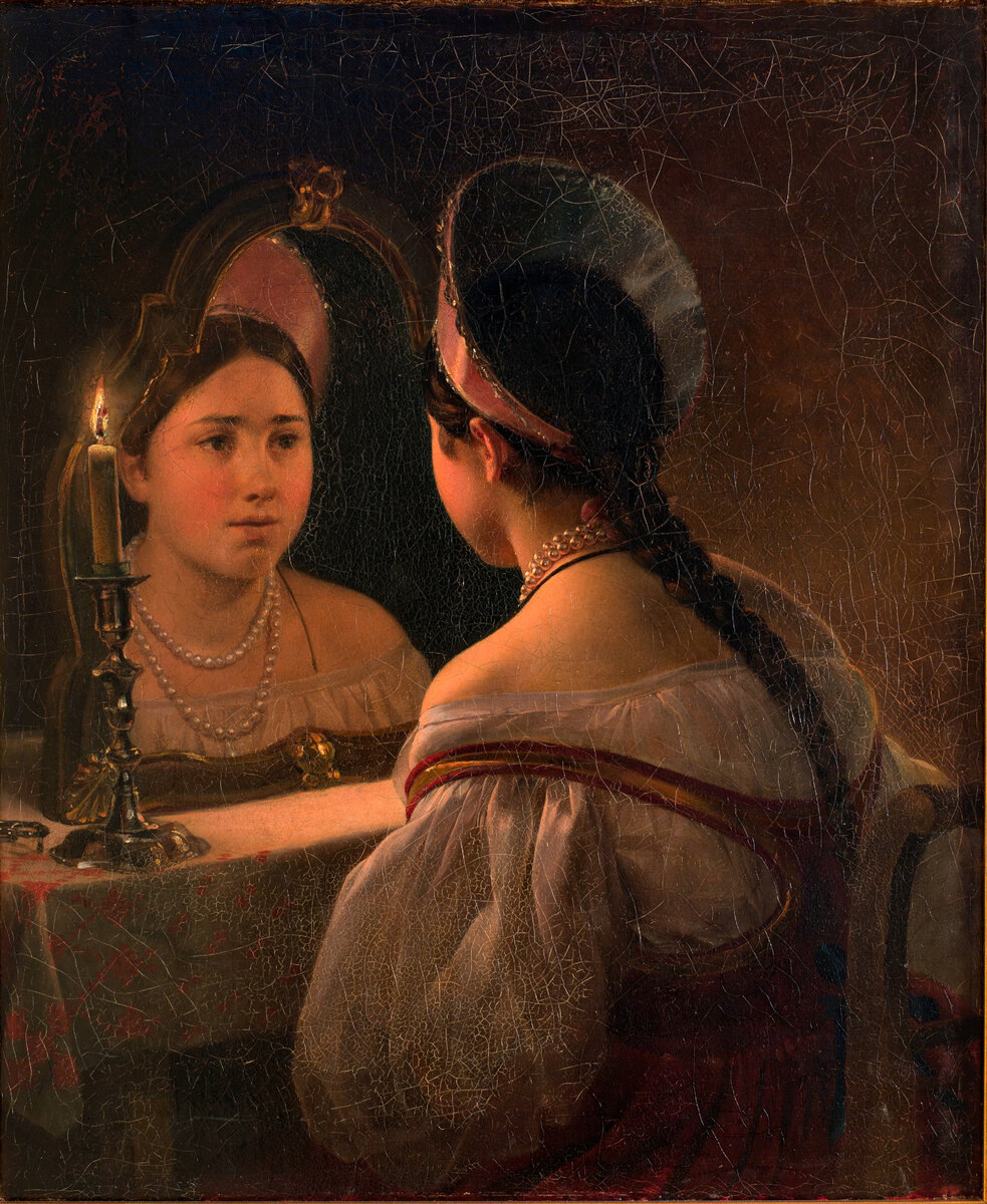 К. Брюллов написал свою «Гадающую Светлану» в 1836 год, вдохновившись поэмой В.А. Жуковского. На полотне изображена девушка, пристально вглядывающаяся в зеркало, ожидая, что там она увидит что-то - возможно, лик суженого. 