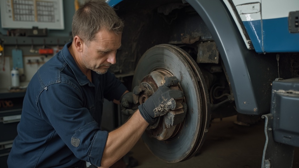 Механик проверяет тормозной диск и колодки в мастерской, видны признаки износа и инструменты для замены