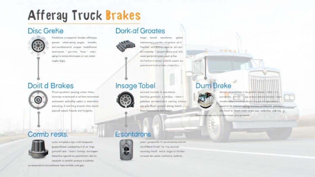 Инфографика, показывающая типы тормозов для грузовиков: дисковые, барабанные и комбинированные системы, с описанием их особенностей.