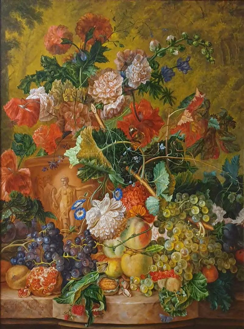 Картина "Цветы и плоды"(1723 г.) голландского художника Яна ван Хёйсума(1682 - 1749 г.ж.), прозванного "цветочным Рафаэлем".