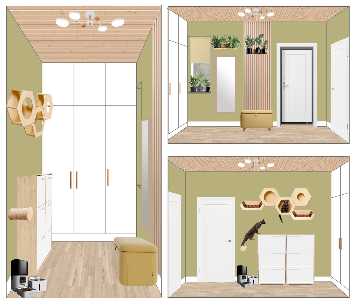 Согласованный (1 коллаж) и неутвержденный (2 коллаж) варианты оформления прихожей.