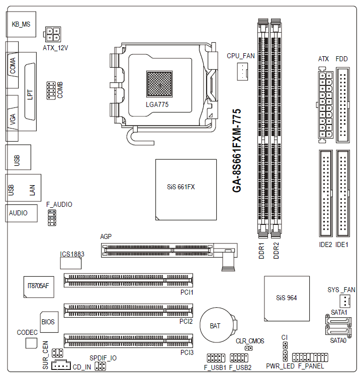 Схема материнской платы GIGABYTE GA-8S661FXM-775.