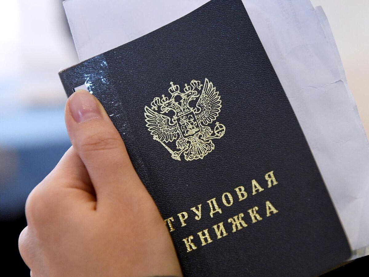    Трудовая книжка в руке у посетителя ярмарки вакансий© РИА Новости / Максим Богодвид