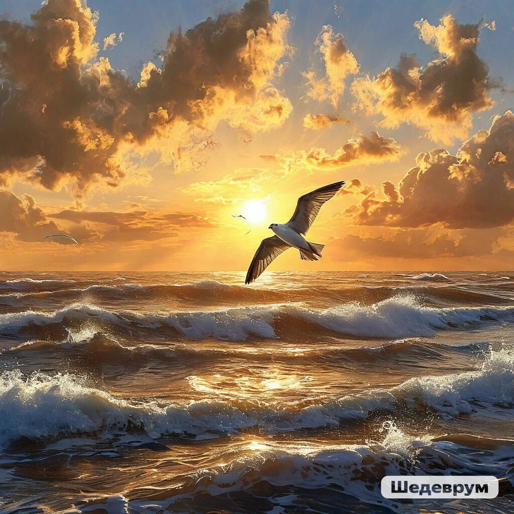 Изображение сгенерировано в программе Шедеврум по запросу автора "бушующее море, буревестник, рассвет"