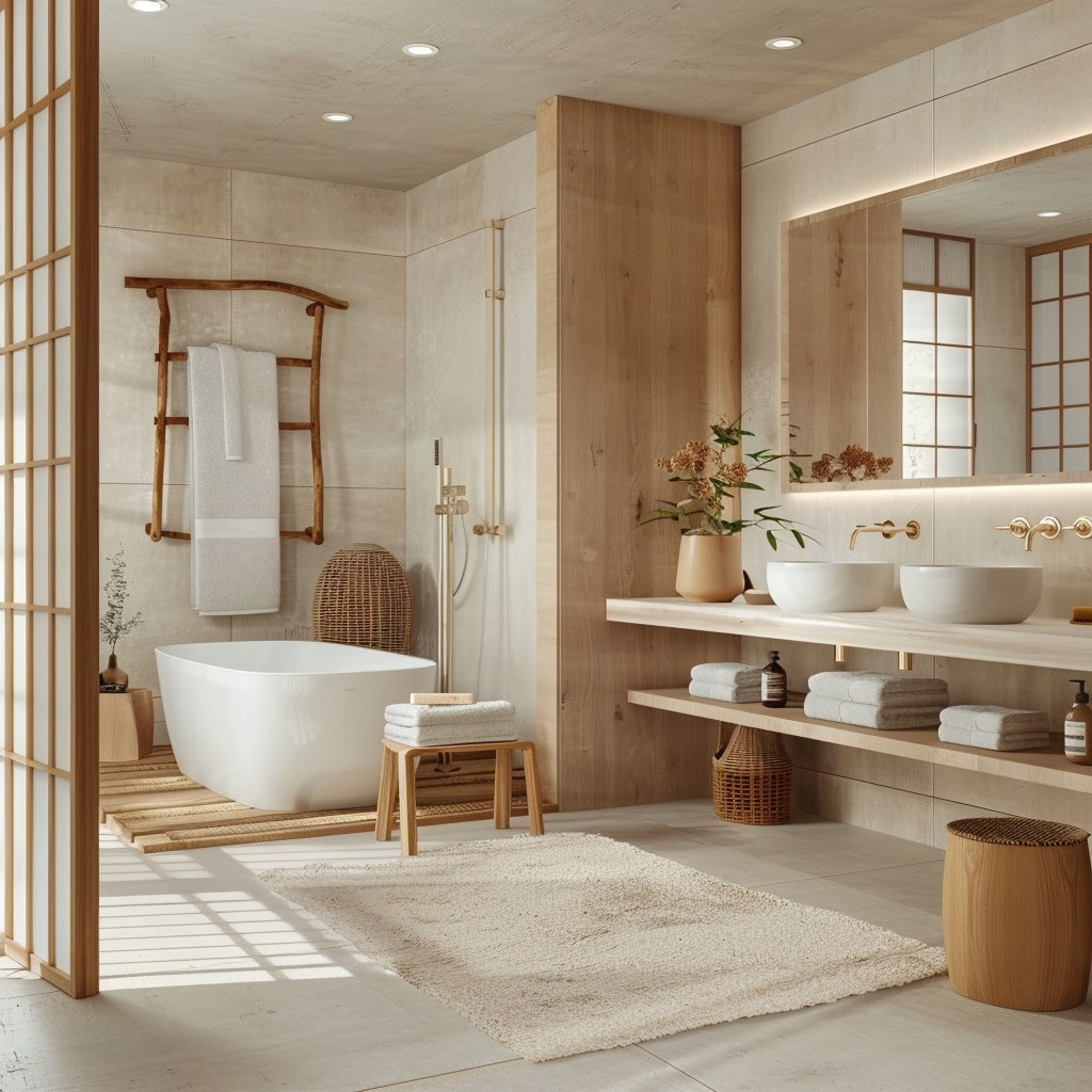 Интерьер ванной комнаты в стиле Japandi создал искусственный интеллект