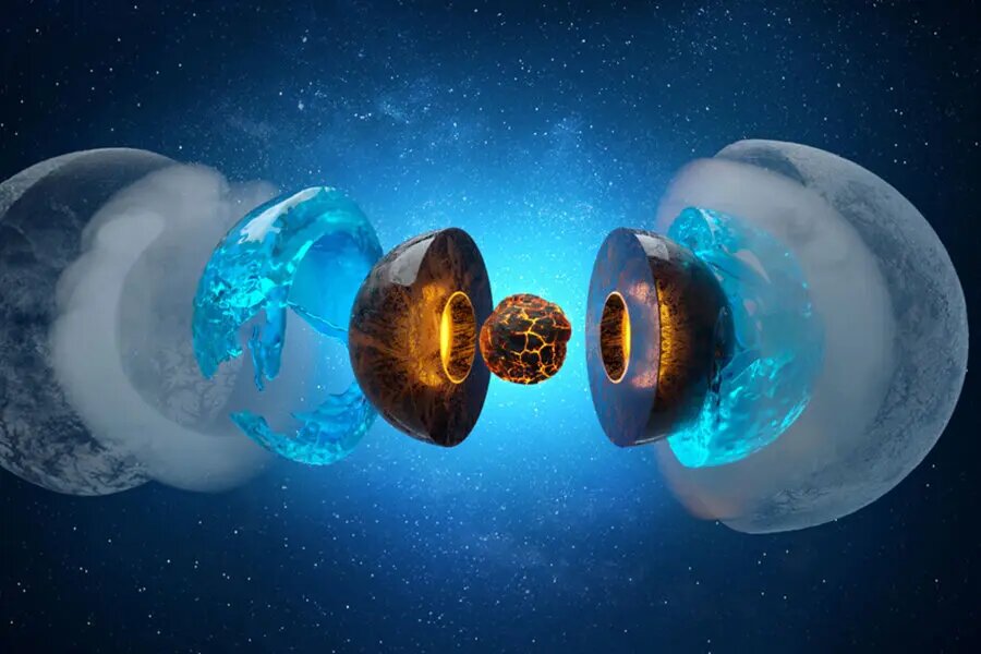 Разорванное изображение ледяного гиганта, такого как Уран или Нептун, со скрытым слоем, богатым водой (синий), который отделился от более глубокого слоя горячего, находящегося под высоким давлением углерода, азота и водорода (янтарный).