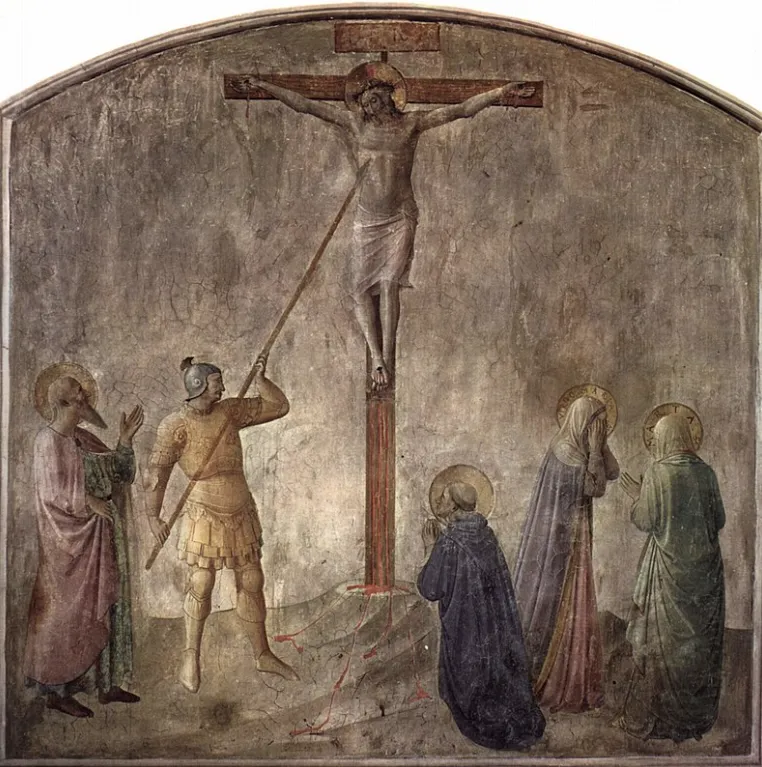 Фреска Фра Анджелико, изображающая копье, пронзающее бок Иисуса на кресте (ок. 1440 г.)