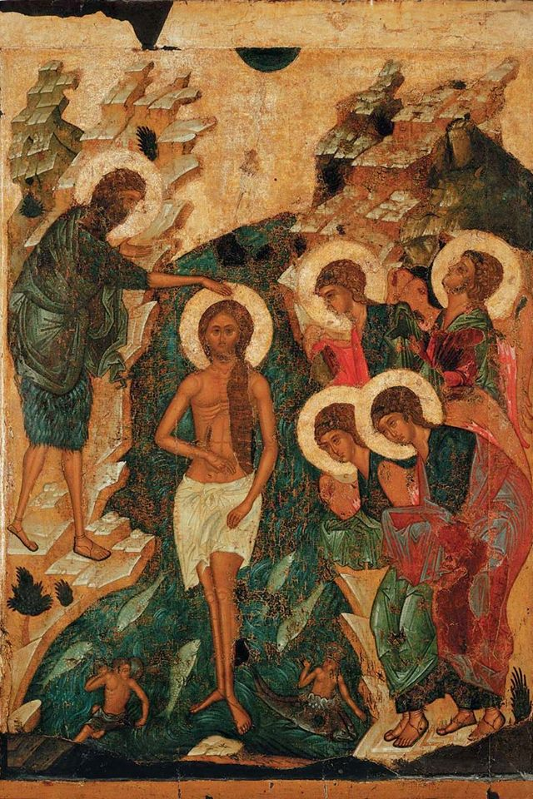 Андрей Рублёв. Крещение. Икона из иконостаса Успенского собора во Владимире. Нач. XV в. ГРМ
Андрей Рублев и мастерская. Икона «Крещение». Около 1408 
(Из иконостаса Успенского собора во Владимире.)
Андрей Рублев и мастерская. Икона «Крещение». Около 1408 
(Из иконостаса Успенского собора во Владимире.)
