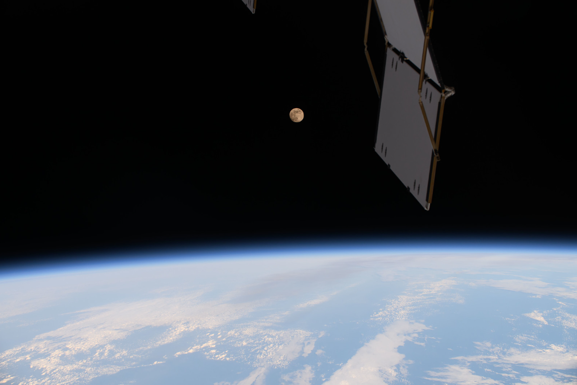 Полная Луна над Тихим океаном запечатлена с борта МКС 14 декабря 2024 г.. На переднем плане видна часть одного из радиаторов орбитальной станции, Внешняя активная система терморегулирования.    
 Источник: NASA  📷
