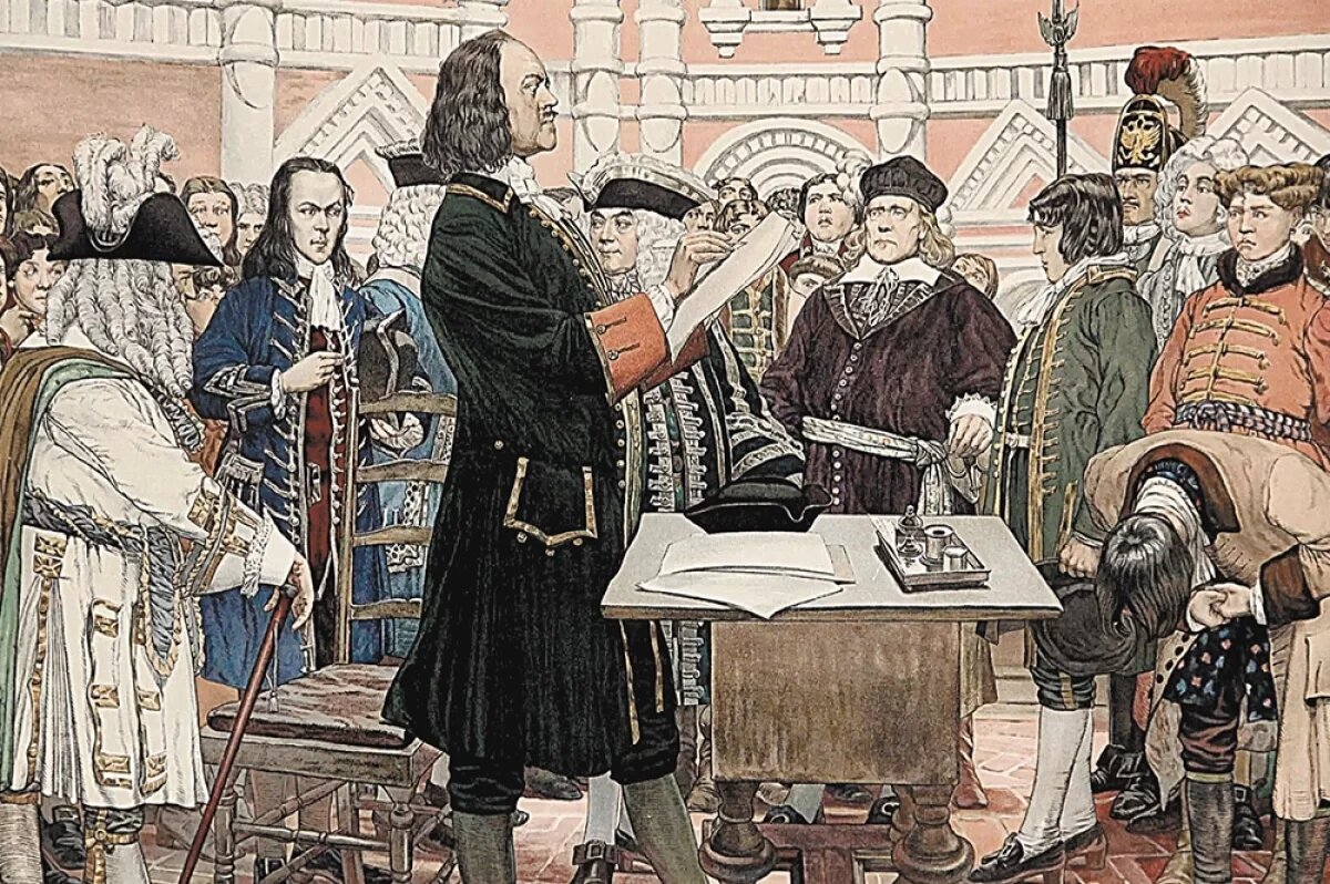    Пётр I лично проводил отбор среди подростков из дворянских родов (они справа) для будущей госслужбы. Император был уверен: только преданные ему чиновники могли помогать в борьбе с коррупцией (картина Дмитрия Кардовского, 1909 год).