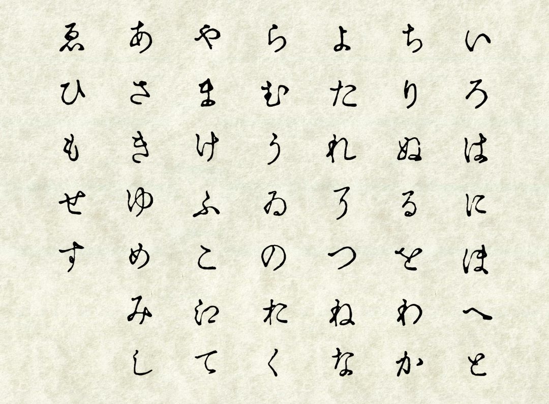 Азбука для хираганы и одновременно стихотворение «Ироха» (порядок чтения сверху-вниз и справа-налево). Иллюстрация из Энциклопедического словаря Брокгауза и Ефрона (т. 41А (82), 1904 г.). Изображение в общественном достояниии
