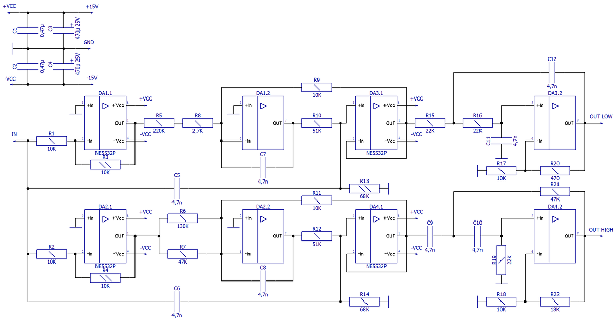 Схема электрическая принципиальная активного кроссовера для двухполосных аудиосистем