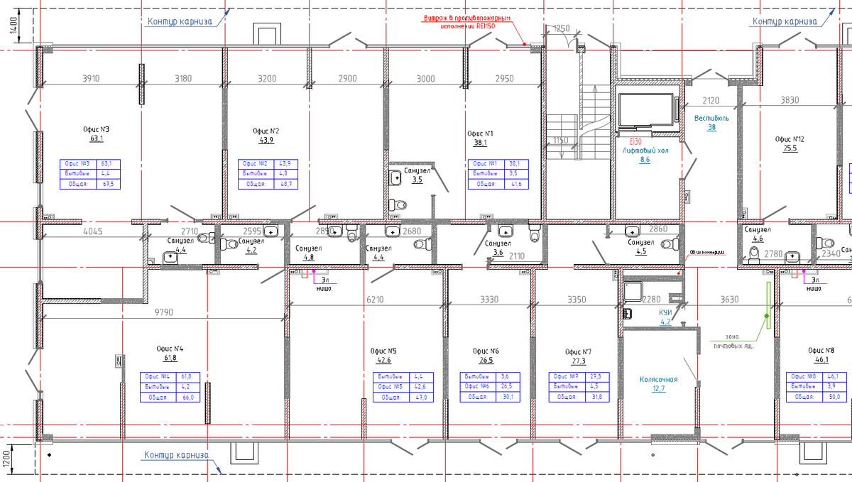 Фрагмент плана встройки 1-го этажа из секции МКД. Иногда их называют помещения общественного назначения без конкретной технологии («ПБКТ»)
