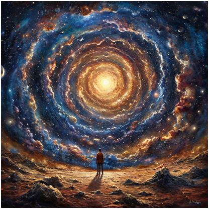 Сгенерировано ИИ- Сравнение Огромного Мирозданя и Человека.