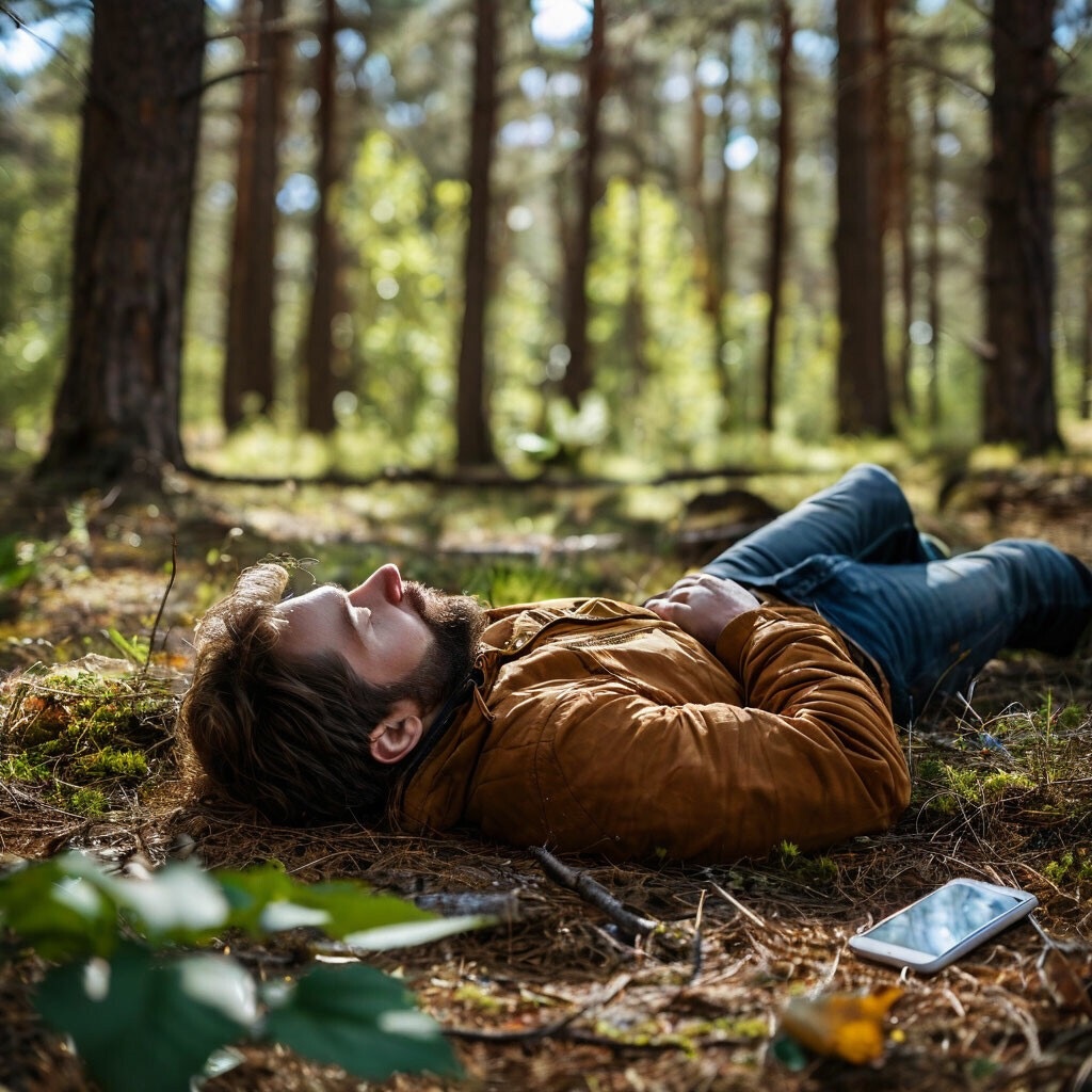 Человек на природе, отложил телефон в сторону, наслаждается моментом