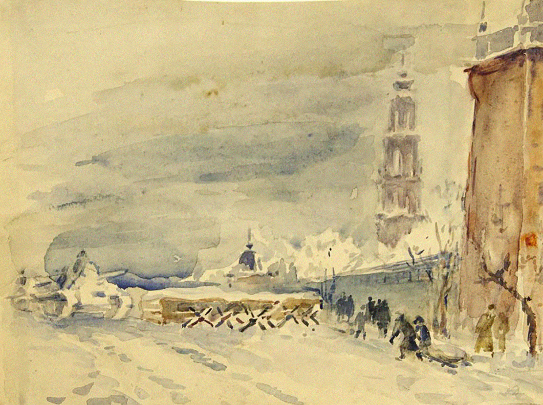 «Танки в г. Загорске», О.К. Дейнеко, 1942 г., источник «Московские художники в дни войны»