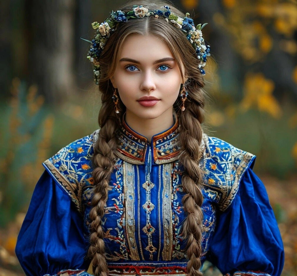 Русская девушка в голубом платье.