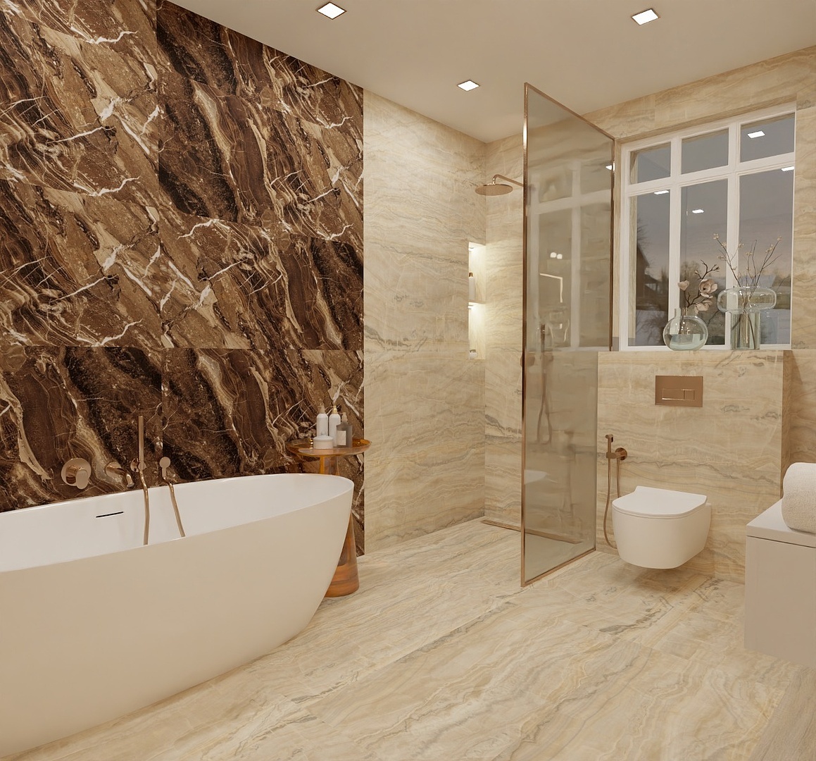✅Плитка в проекте:
✔Керамогранит с имитацией оникса от бренда Idalgo (Россия), цвет Onix Beige, легкое лаппатирование, 60x120 см.
✔Керамогранит в зоне ванны: коллекция Arabesco от бренда Idalgo (Россия), цвет Arabesco Lite, легкое лаппатирование, 60x120 см.
