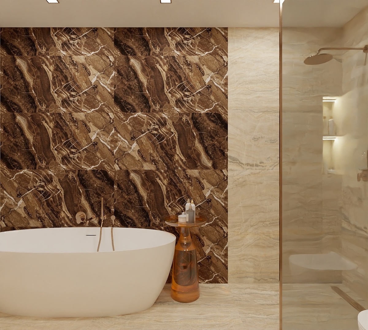 ✅Плитка в проекте:
✔Керамогранит с имитацией оникса от бренда Idalgo (Россия), цвет Onix Beige, легкое лаппатирование, 60x120 см.
✔Керамогранит в зоне ванны: коллекция Arabesco от бренда Idalgo (Россия), цвет Arabesco Lite, легкое лаппатирование, 60x120 см.