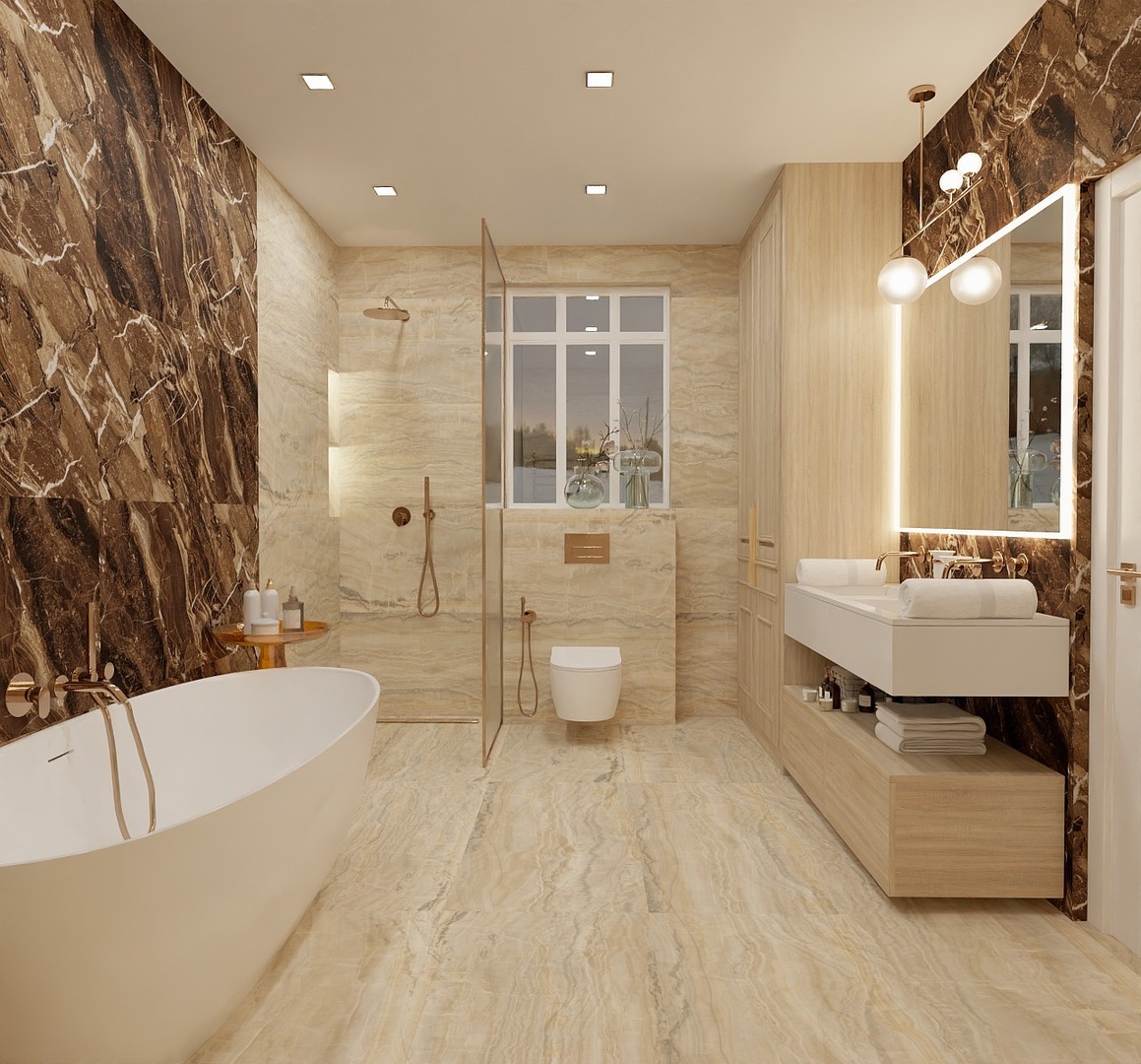 ✅Плитка в проекте:
✔Керамогранит с имитацией оникса от бренда Idalgo (Россия), цвет Onix Beige, легкое лаппатирование, 60x120 см.
✔Керамогранит в зоне ванны: коллекция Arabesco от бренда Idalgo (Россия), цвет Arabesco Lite, легкое лаппатирование, 60x120 см.
