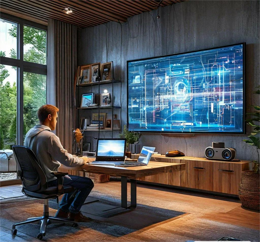 изображение уютного современного дома, наполненного технологиями: на стене голографический экран, на столе умная колонка, человек использует ноутбук с интерфейсом нейросетей, а в углу робопылесос убирает пол