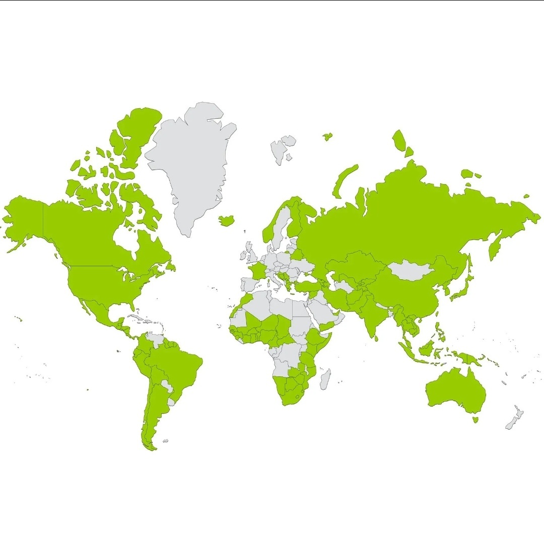Карта мира, зеленым цветом отмечены страны, где Елена побывала. 