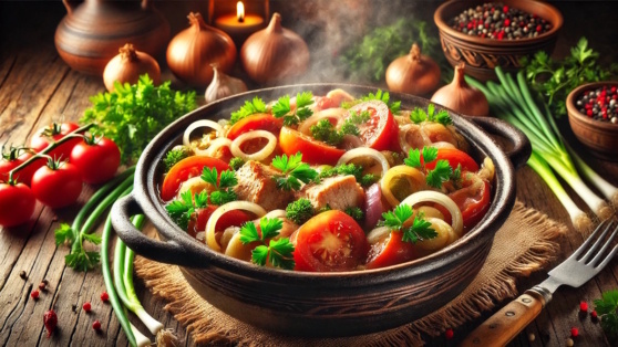    Готовим в горшочках: ароматная свинина с помидорами и луком Виктория Шварц