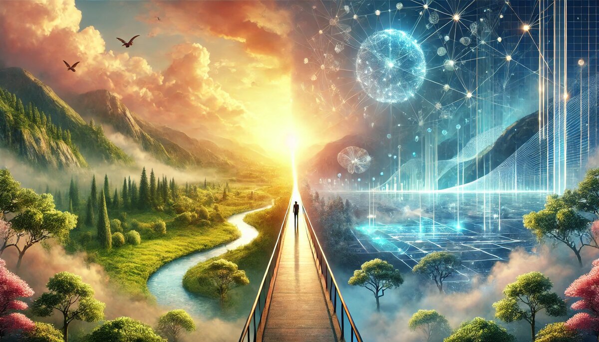 Так ИИ видит наш объединенный мир. Человек как мост соединяет все. Но понимает ли это сам человек?