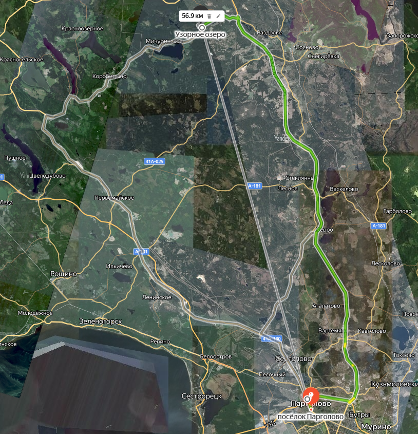 Расстояние и маршрут до озера Узорное.