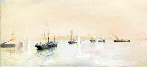 Морской бой у Мангышлака между англичанами и советской флотилией в мае 1919 года. Рисунок из коллекции Имперского военного музея в Лондоне