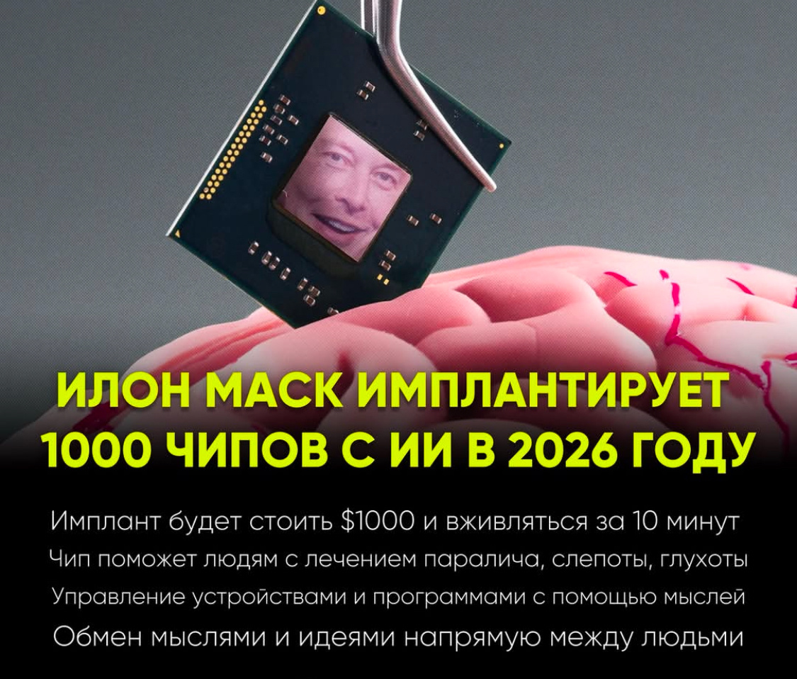 Илон Маск, известный предприниматель и основатель компании Neuralink, активно продвигает разработки в области нейротехнологий. Neuralink специализируется на создании интерфейсов “мозг-компьютер”, которые позволяют напрямую соединять человеческий мозг с электронными устройствами.

В 2024 году Маск объявил об успешной имплантации беспроводного чипа Neuralink в мозг человека, что стало значительным прорывом в этой области. Эта технология открывает возможности для лечения различных неврологических заболеваний и расширения когнитивных способностей человека. ￼

Маск выразил уверенность, что к 2026 году более 1000 человек смогут получить такие импланты. Он подчеркнул, что технология будет доступна не только для лечения, но и для улучшения возможностей здоровых людей. ￼

Однако проект сталкивается с вызовами. В 2024 году Neuralink начала испытания на людях, но также столкнулась с кадровыми изменениями и массовыми увольнениями, что может повлиять на сроки реализации планов. ￼

Внедрение нейрочипов вызывает дискуссии в обществе. Сторонники видят в этом шаг к лечению заболеваний и расширению возможностей человека, тогда как критики выражают опасения по поводу этических и социальных последствий, включая вопросы конфиденциальности и безопасности данных.

Таким образом, планы Илона Маска по массовому внедрению нейрочипов к 2026 году представляют собой амбициозный проект, который может изменить взаимодействие человека с технологиями, но требует тщательного рассмотрения и решения сопутствующих этических и практических вопросов.