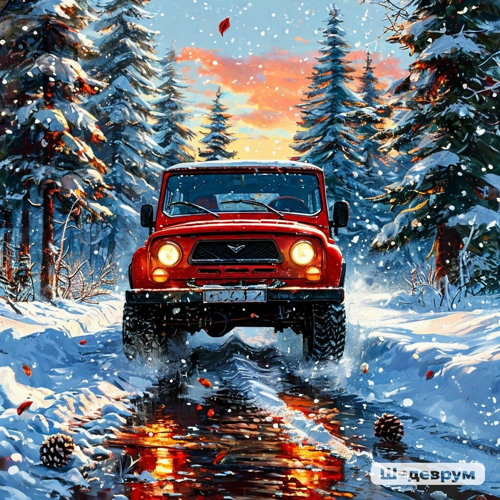 УАЗ 469 в зимней обстановке, в стиле советской открытки