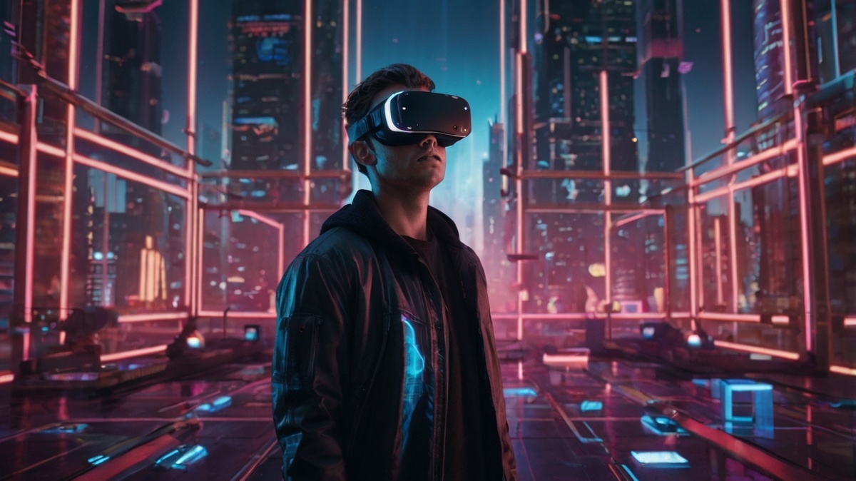 человек в VR-очках, стоящий посреди яркого цифрового мира