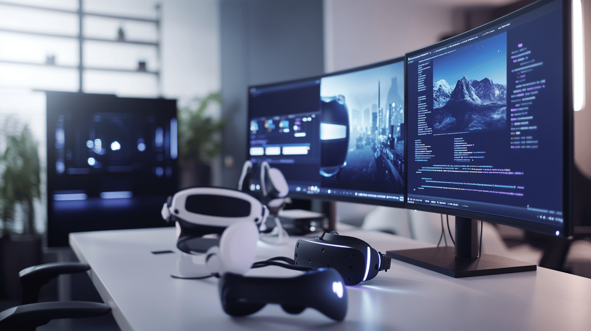 Рабочее место программиста: на столе мощный компьютер с двумя экранами