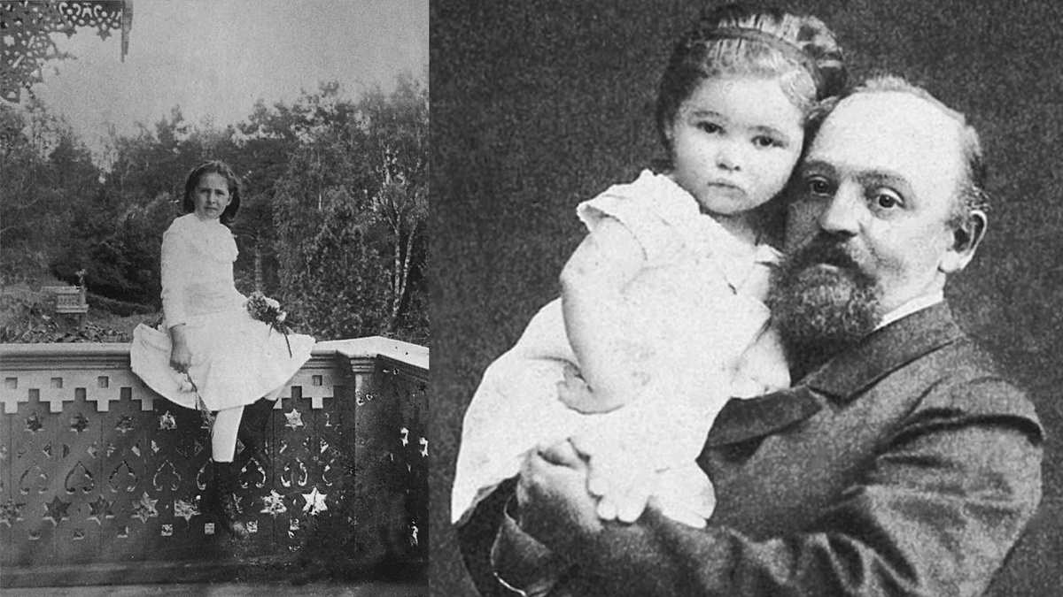 Вера Мамонтова: на балконе мастерской, 1885–1889 г.г. (слева); с отцом Саввой Мамонтовым (справа)