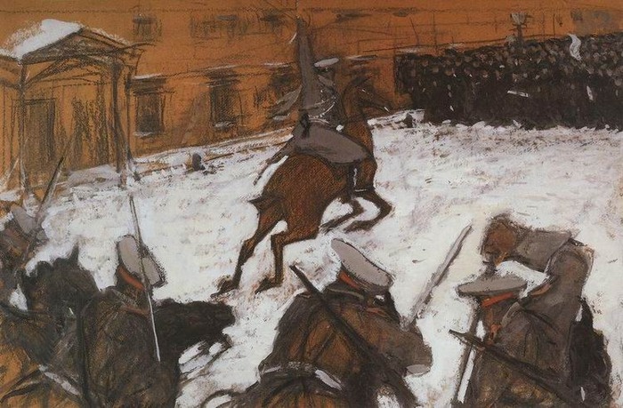 В. Серов (очевидец Кровавого Воскресенья). Солдатушки, бравы ребятушки, где же ваша слава?  1905. Русский музей.