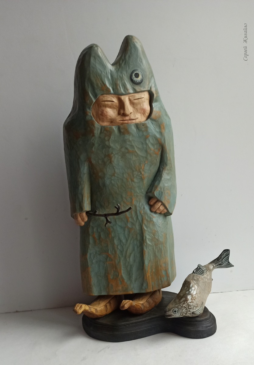 Сергей Жигайло. "Рыбий пастух" - дерево, 41 см.