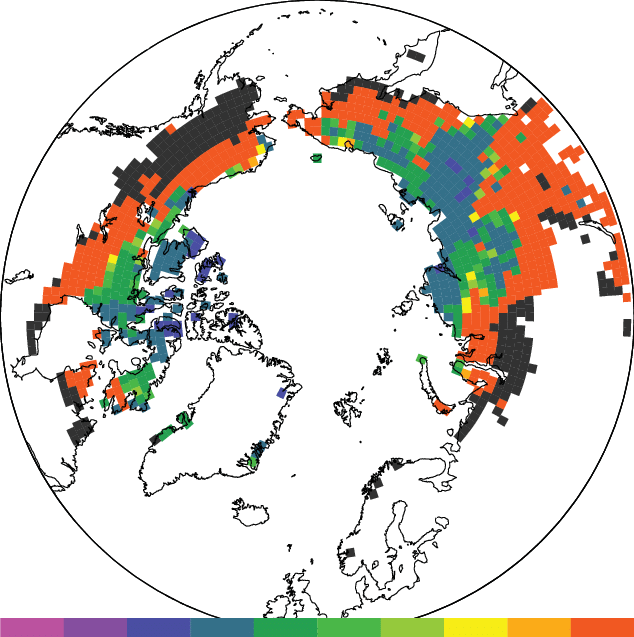 Карты средней толщины активного слоя вечной мерзлоты в 2200 году. Красные пиксели показывают территории, где мерзлота исчезнет, черные — где информация о мерзлоте отсутствует. Источник: Kevin Schaefer. University of Colorado Boulder.