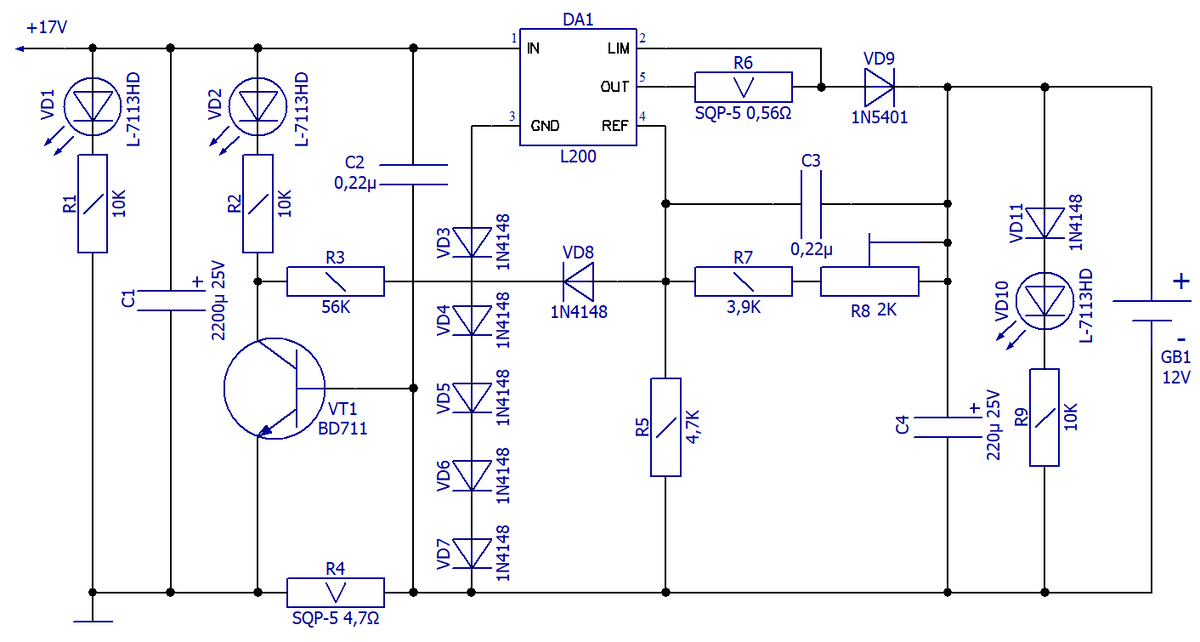 Схема электрическая принципиальная ЗУ герметичных свинцово-кислотных АКБ ёмкостью до 30Ач