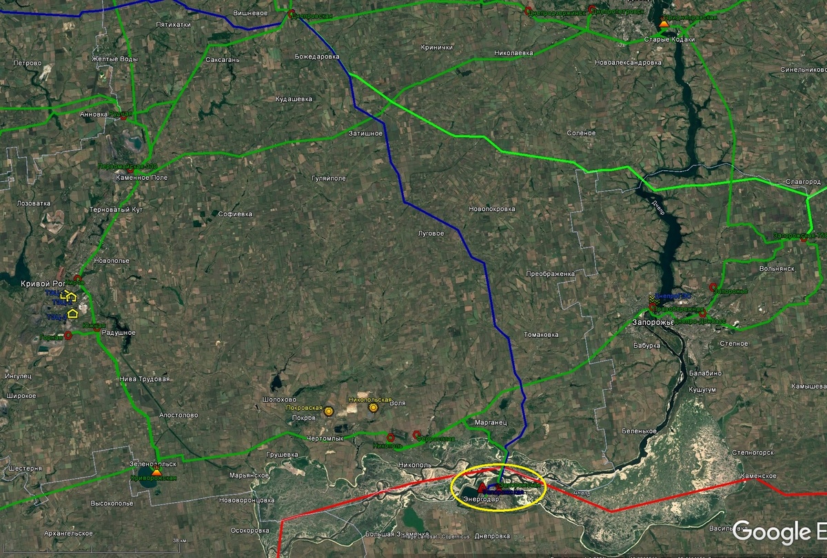 Запорожский или Энергодарский «энергоостров» обведён жёлтым овалом. Красная линия – примерная линия фронта