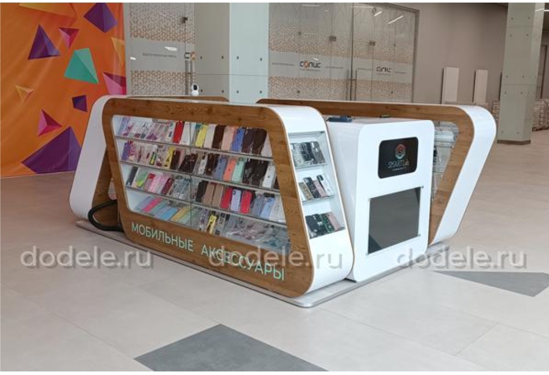 Необычный дизайн торгового острова для мобильных аксессуаров 