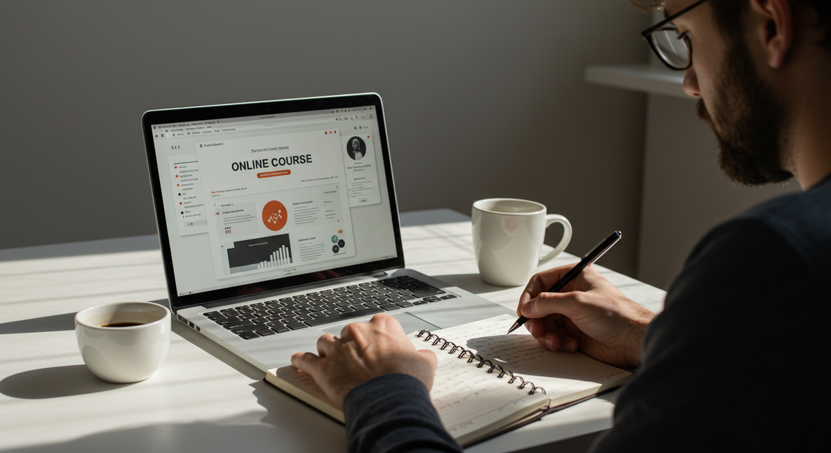 абочее место с ноутбуком, чашкой кофе и блокнотом