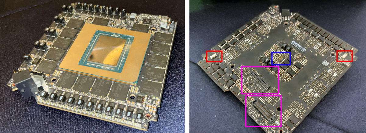 Задняя часть печатной платы высокой плотности содержит несколько портов.
Красный: вентилятор - Пурпурный: подключение других плат - Синий: отладка