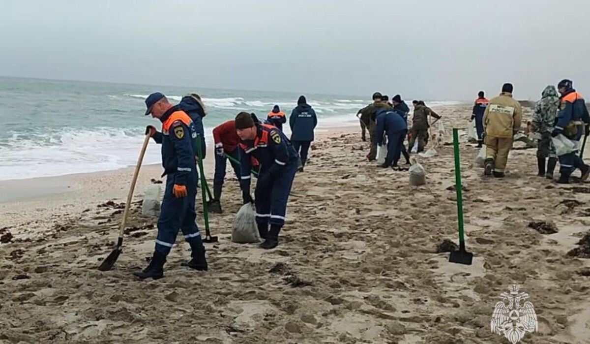     Сотрудники МЧС на месте загрязнения нефтепродуктами побережья Крыма. Источник: ria.ru Автор фото: МЧС России по Республике Крым