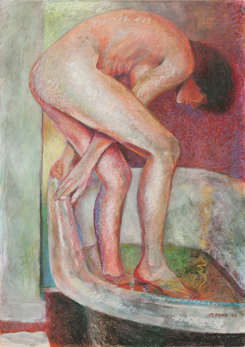 Мэри Пратт, "Донна, заходящая в ванну", 1999, бумага, акварель и мел, художественная галерея Оуэнса, Университет Маунт Эллисон, Саквилл.