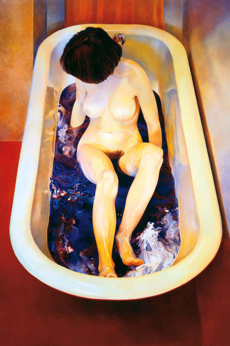 Мэри Пратт, "Голубая вода для ванны", 1983, мазонит, масло, 170,2 х 115,6 см, коллекция Дженнифер Уэллс Шенкман.