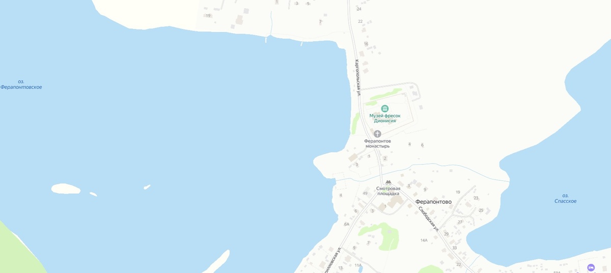 Расположение озер Ферапонтовского, Паского, реки Паска и монастыря.