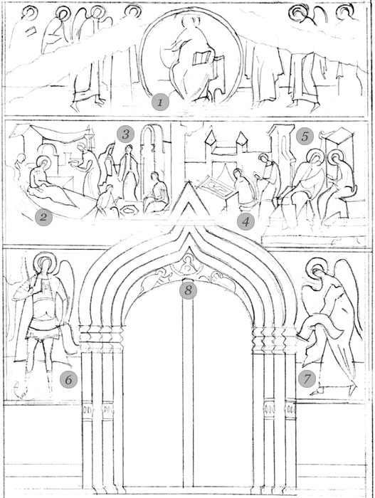 Схема росписи: Западный фасад. Сюжеты рождества "Богородицы"