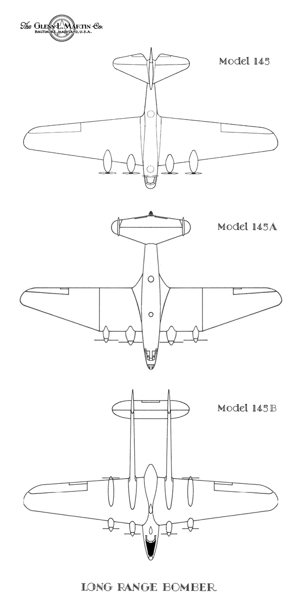 эволюция проекта тяжелого дальнего бомбардировщика Martin XB-16 (виды сверху). Чертеж secretprojects