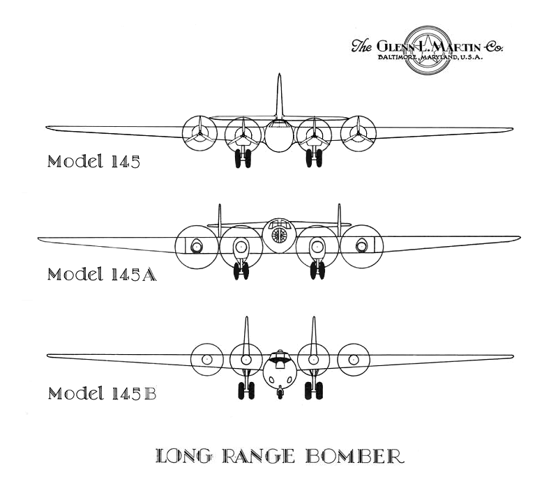 эволюция проекта тяжелого дальнего бомбардировщика Martin XB-16 (виды спереди). Чертеж secretprojects